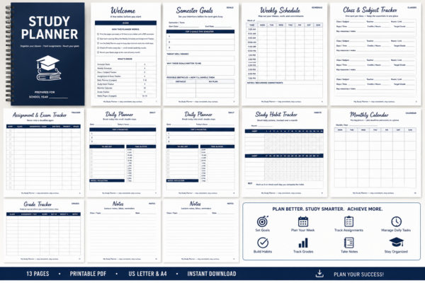 Student planner printable PDF for academic organization