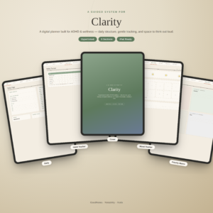 Free ADHD digital planner cover page titled Clarity, hyperlinked 9-section wellness planner