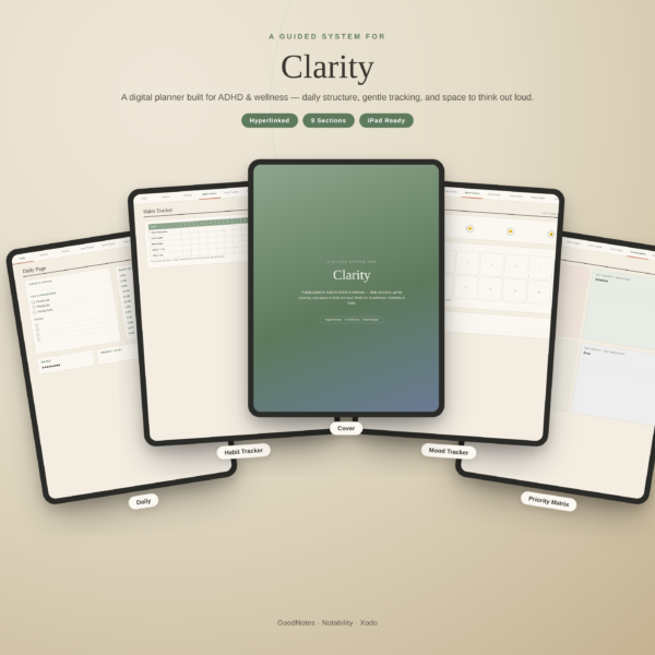 Free ADHD digital planner cover page titled Clarity, hyperlinked 9-section wellness planner