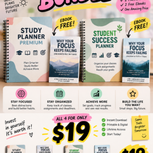 Student Planner Bundle cover featuring Study Planner, Student Success Planner and free focus guides for students