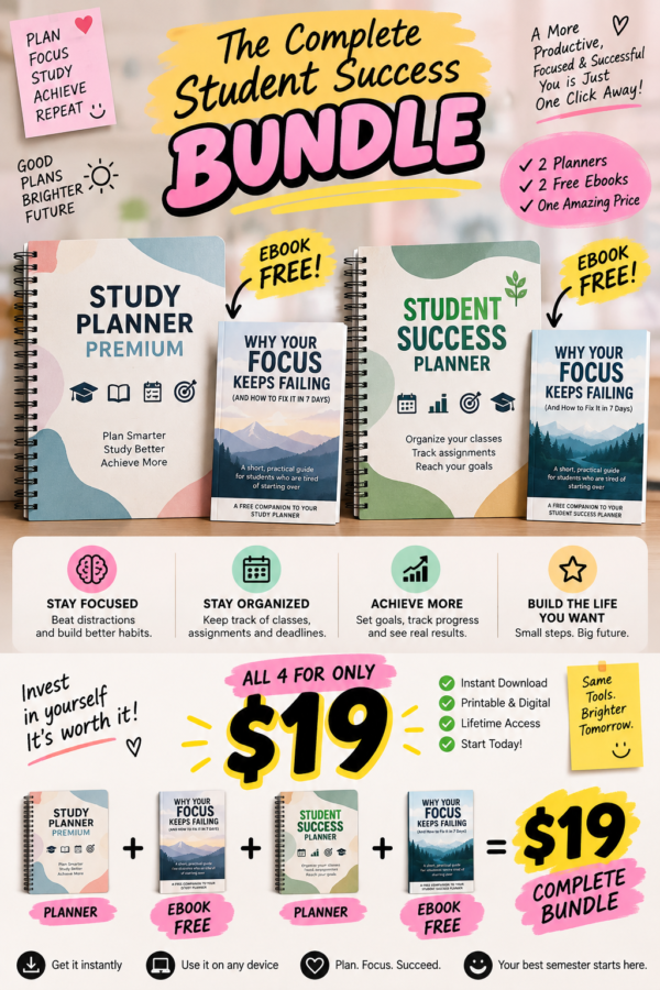 Student Planner Bundle cover featuring Study Planner, Student Success Planner and free focus guides for students